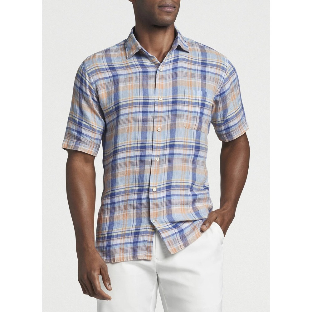 Peter Millar San Clemente 100% Linen‎ Plaid Button Up Sport Shirt Mens XXL Blue